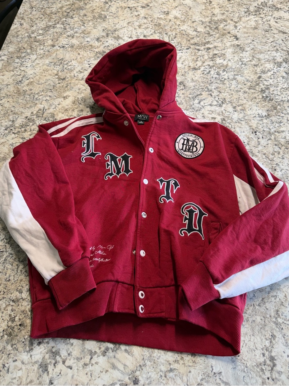 Red Hooded Varsity Jacket with White Trim